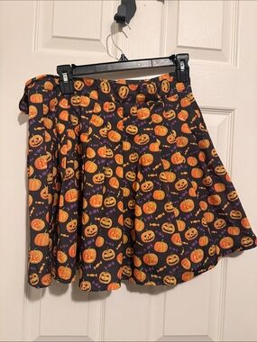Halloween Jack-O'-Lantern Pleated Skirt - Black & Orange
